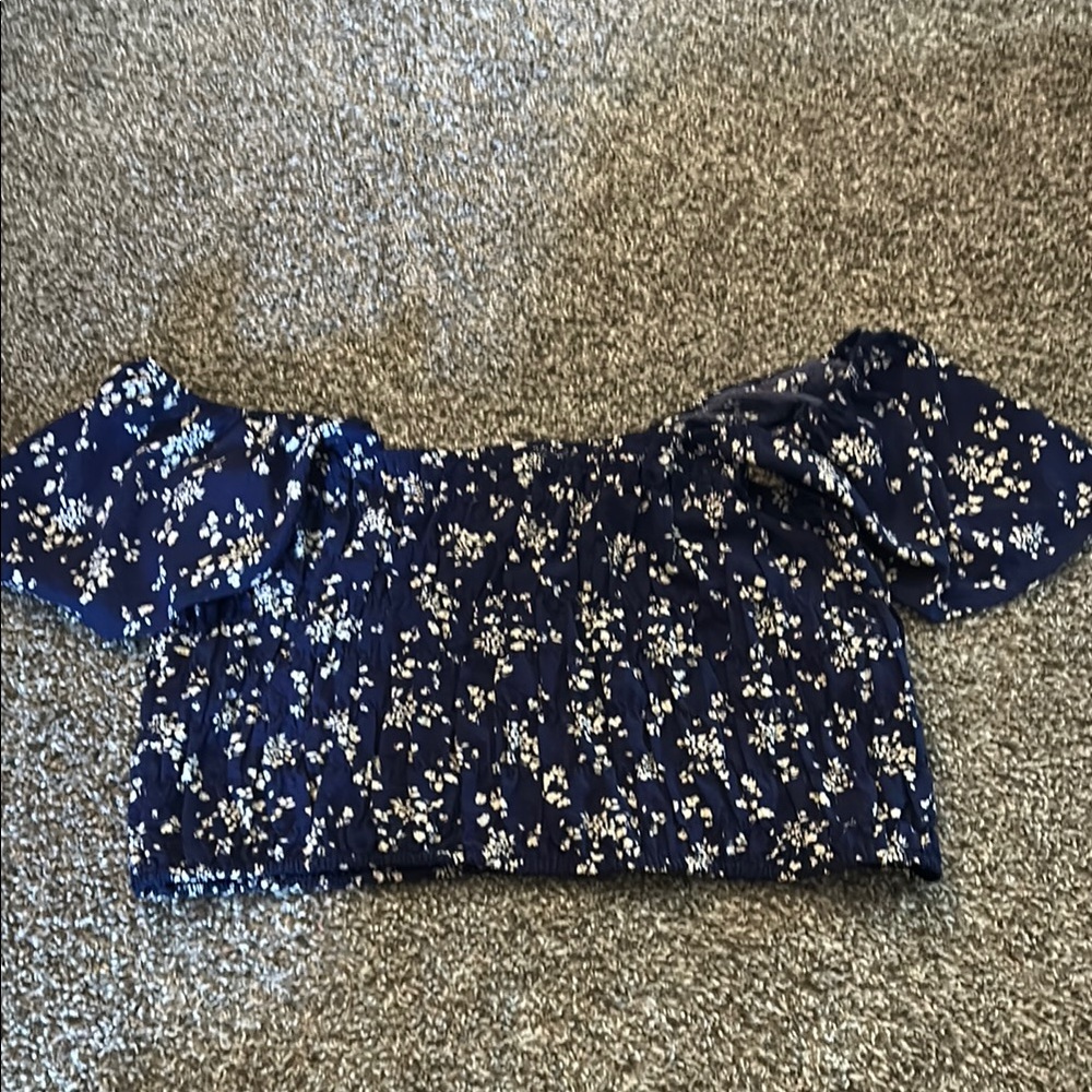 Lane Bryant Blue Ruffled Cap Sleeve Crop Blouse